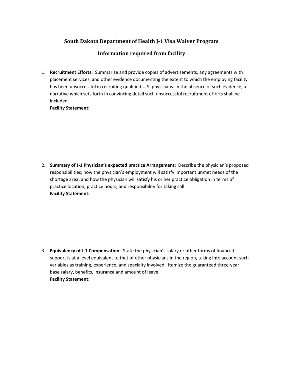Information Required From Facility - South Dakota, Page 1