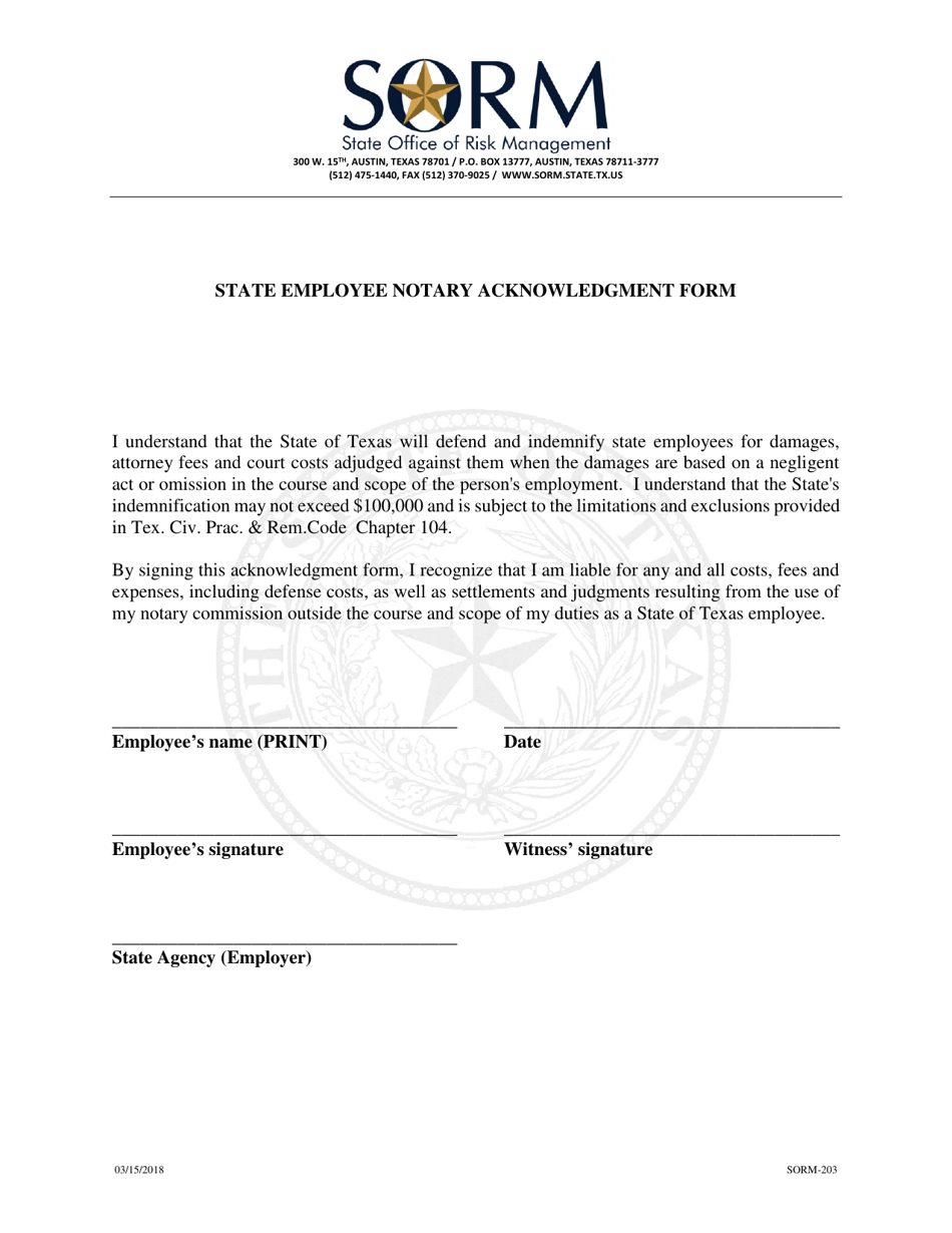 Form SORM-203 State Employee Notary Acknowledgment Form - Texas, Page 1