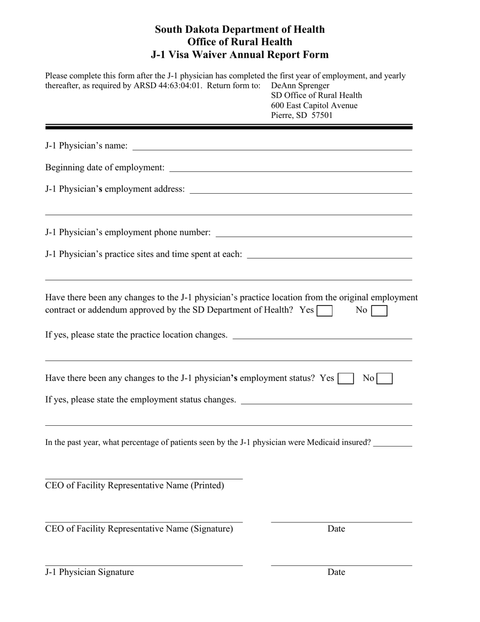 J-1 Visa Waiver Annual Report Form - South Dakota, Page 1