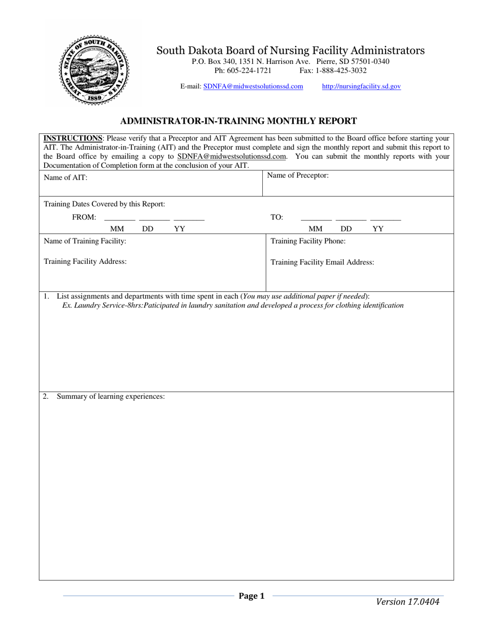 Administrator-In-training Monthly Report - South Dakota, Page 1