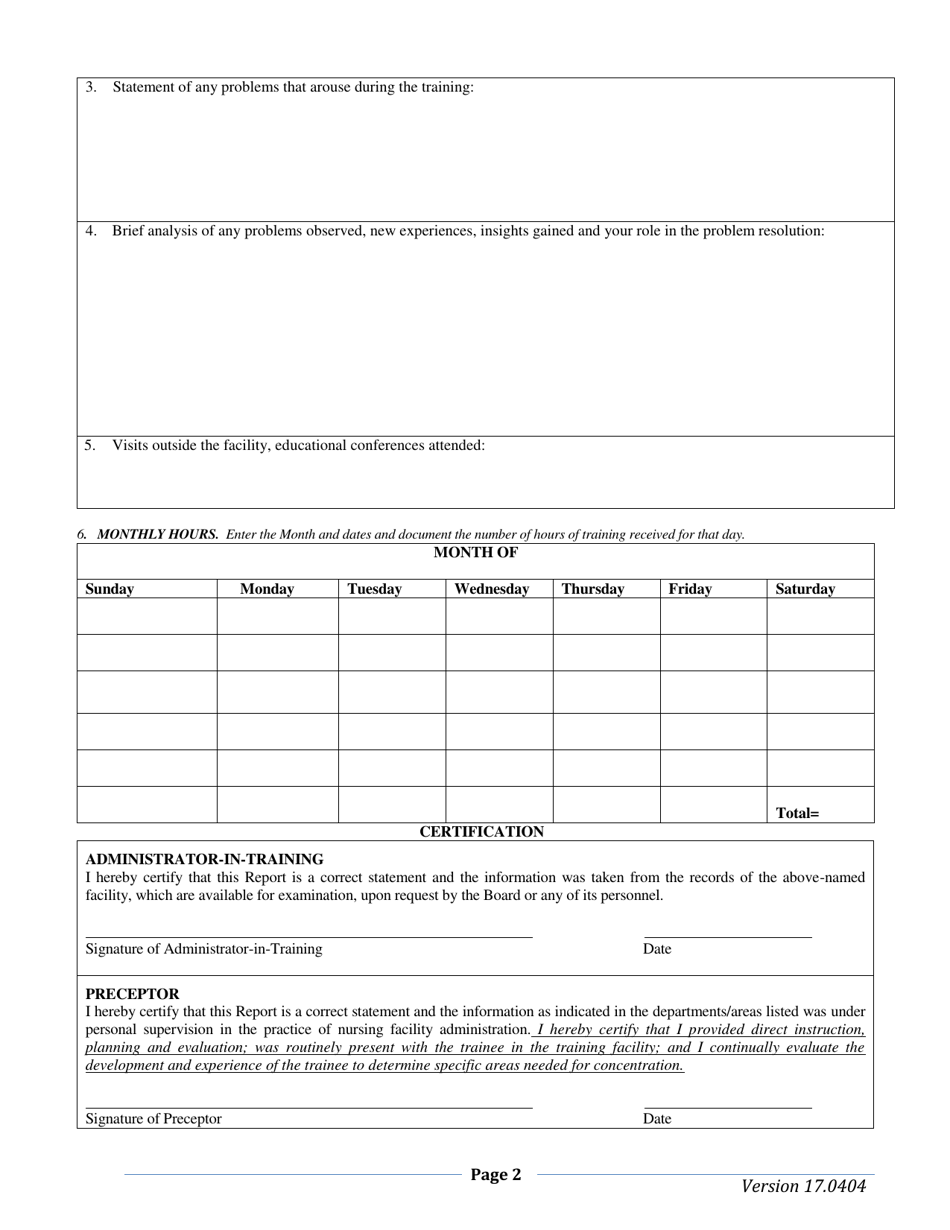 Administrator-In-training Monthly Report - South Dakota, Page 2