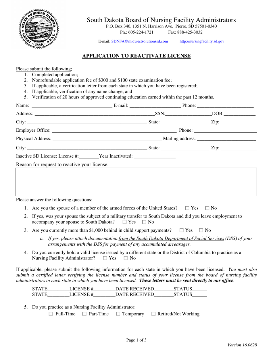 South Dakota Application to Reactivate License Fill Out, Sign Online