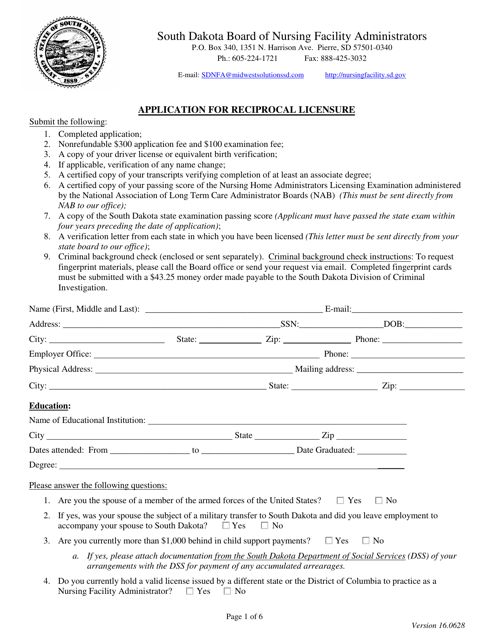 Application for Reciprocal Licensure - South Dakota Download Pdf