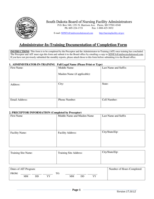 Administrator-In-training Documentation of Completion Form - South Dakota Download Pdf