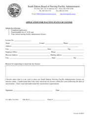 Document preview: Application for Inactive Status of License - South Dakota