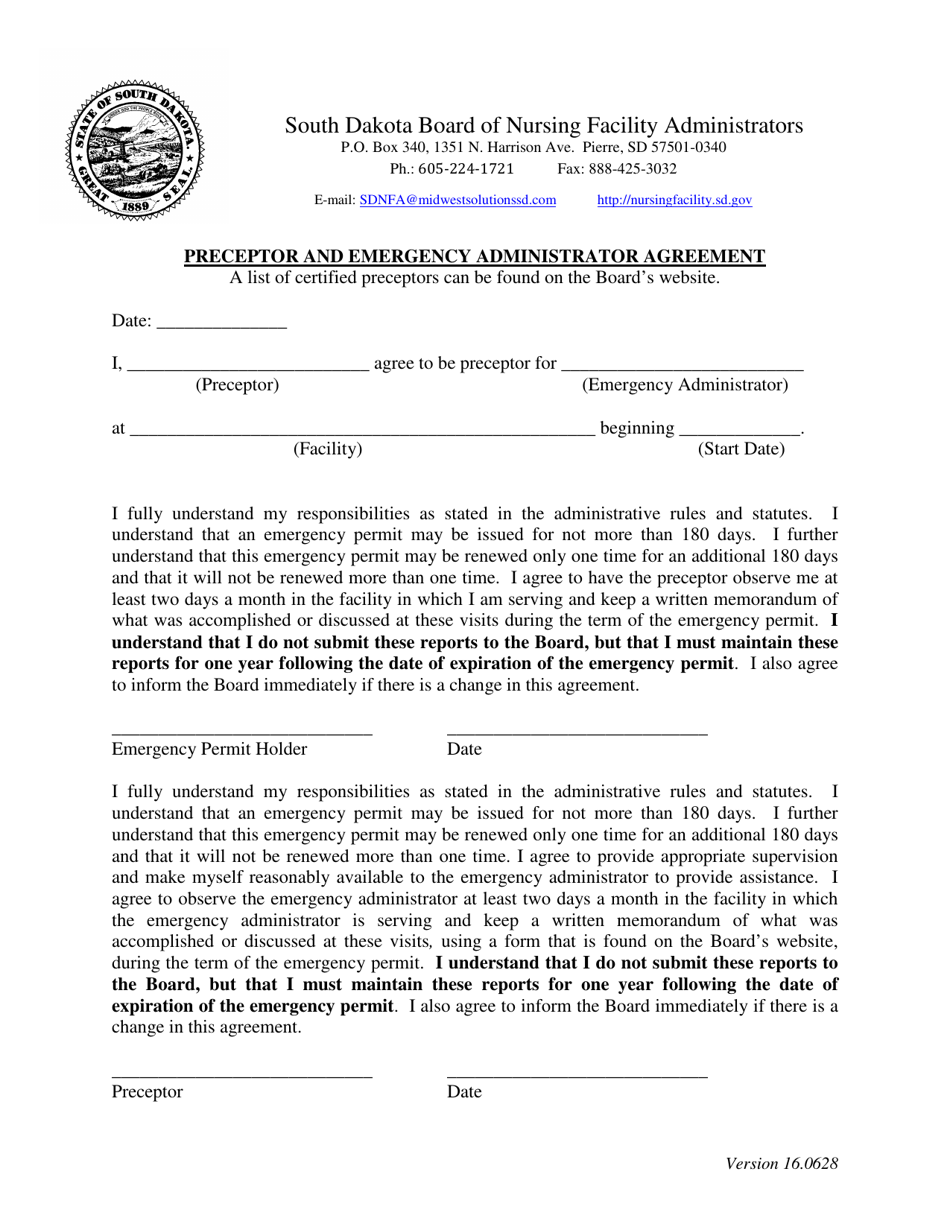 Preceptor and Emergency Administrator Agreement - South Dakota, Page 1