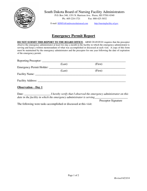 Emergency Permit Report - South Dakota Download Pdf