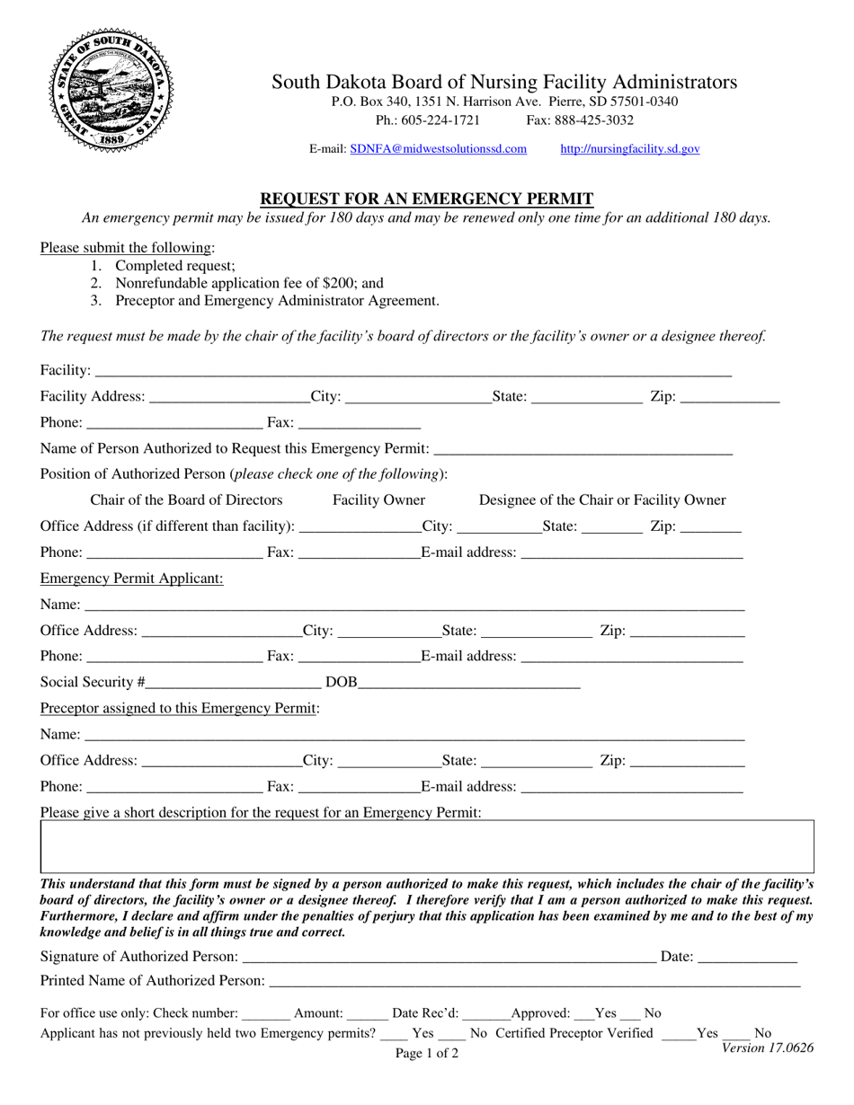Request for an Emergency Permit - South Dakota, Page 1