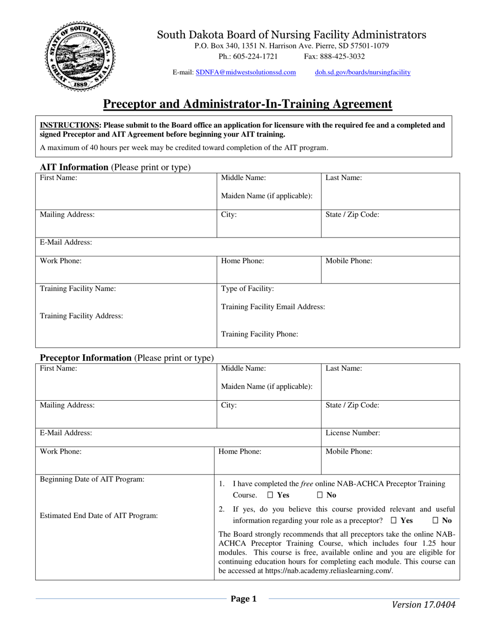 Preceptor and Administrator-In-training Agreement - South Dakota, Page 1