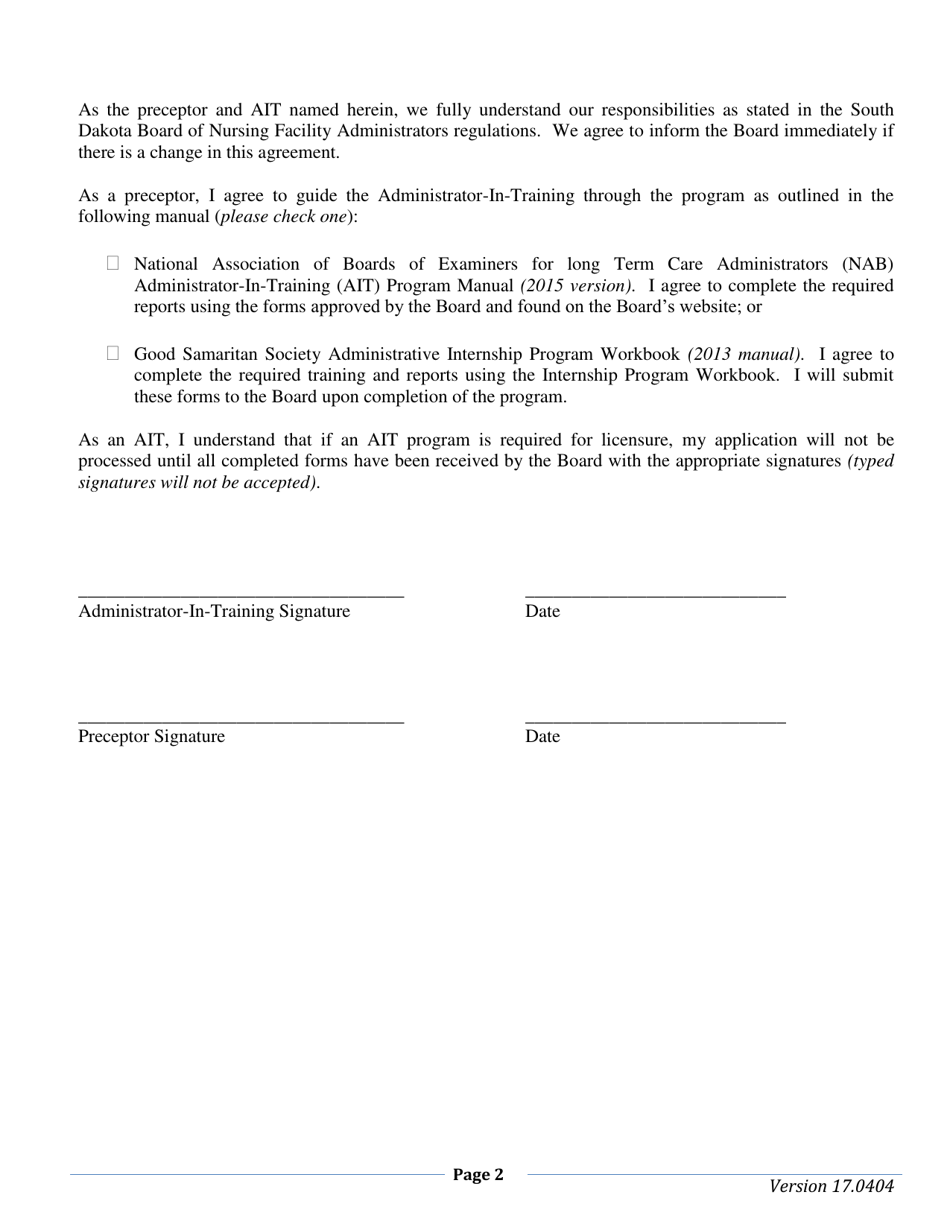 Preceptor and Administrator-In-training Agreement - South Dakota, Page 2