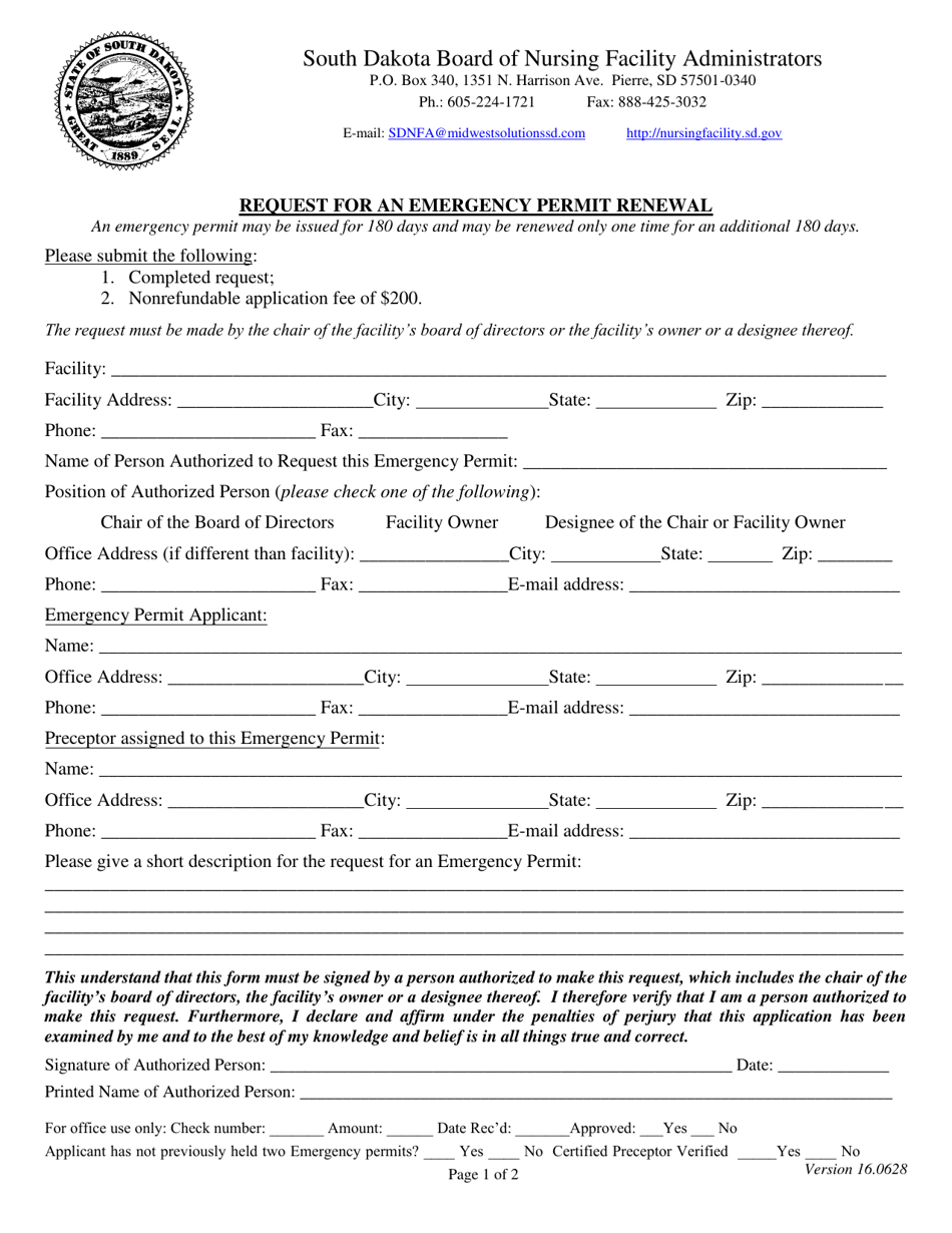 Request for an Emergency Permit Renewal - South Dakota, Page 1