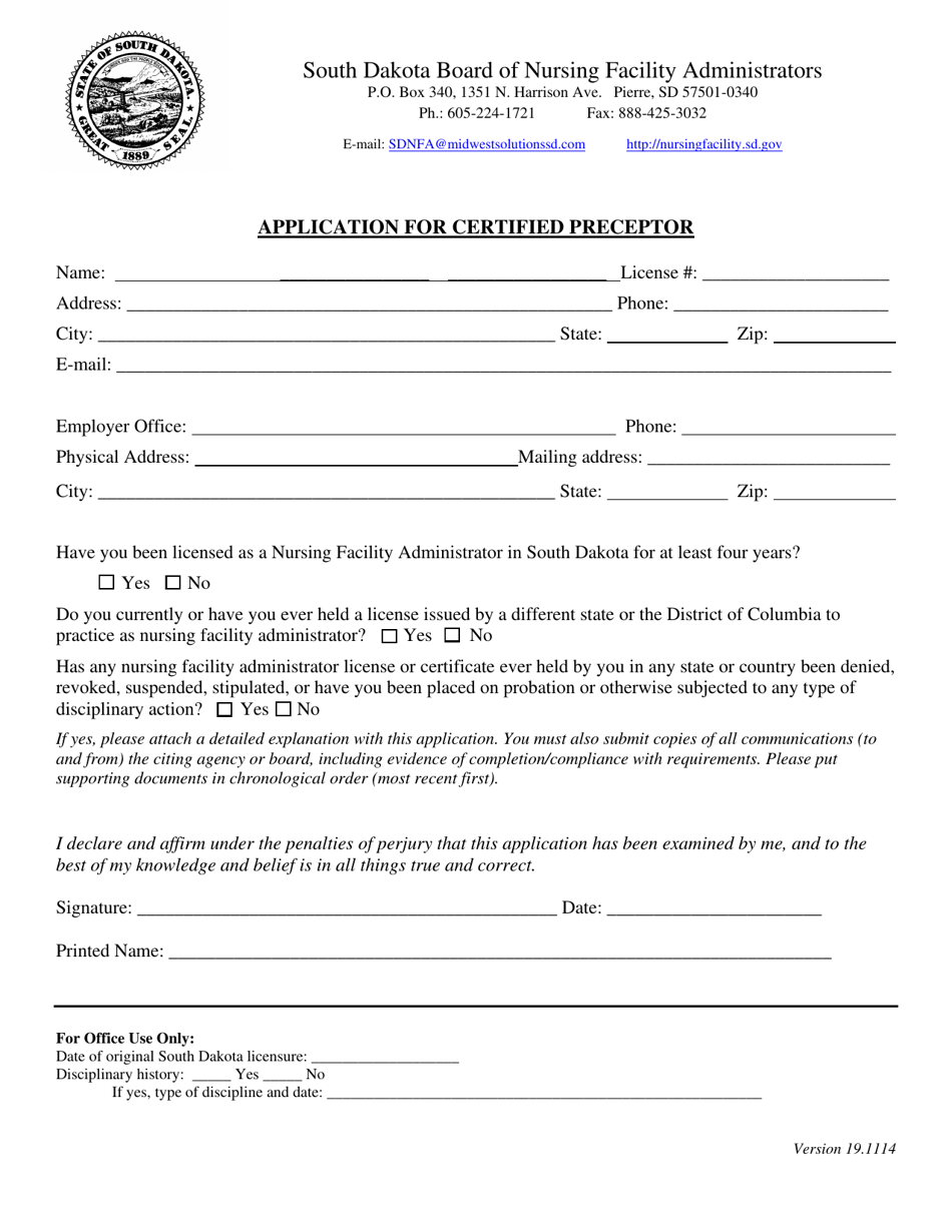 Application for Certified Preceptor - South Dakota, Page 1