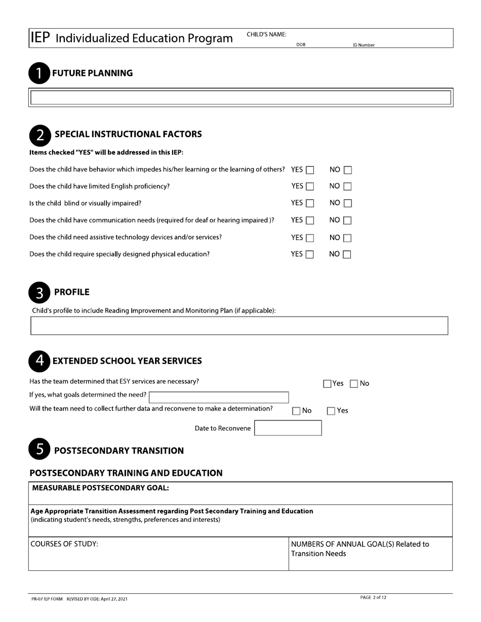 Form PR-07 Individualized Education Program (Iep) - Ohio, Page 2