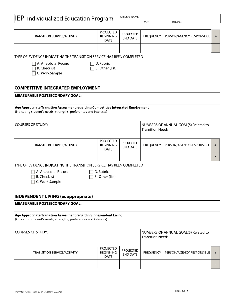 Form PR-07 Individualized Education Program (Iep) - Ohio, Page 3