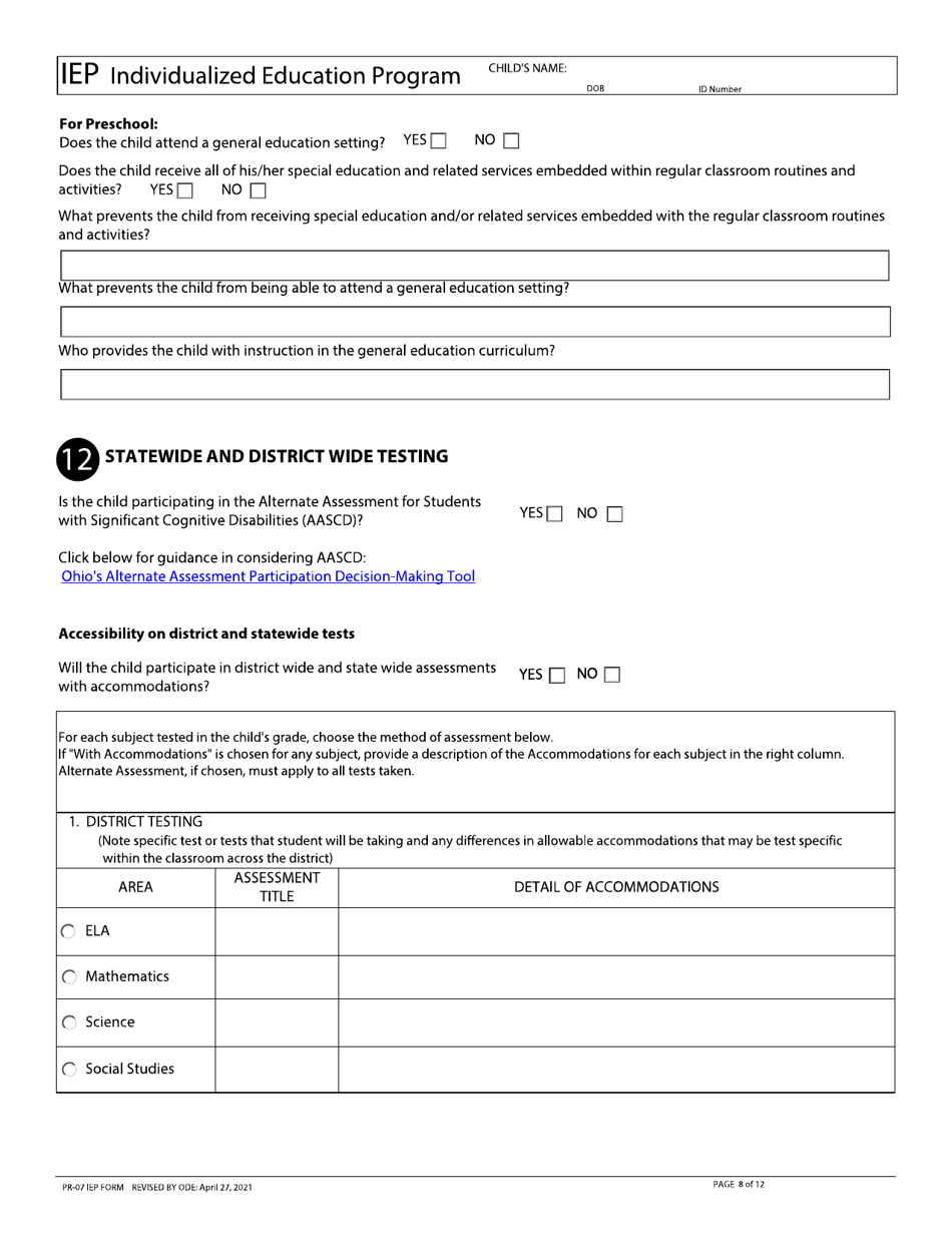 Form PR-07 Individualized Education Program (Iep) - Ohio, Page 8