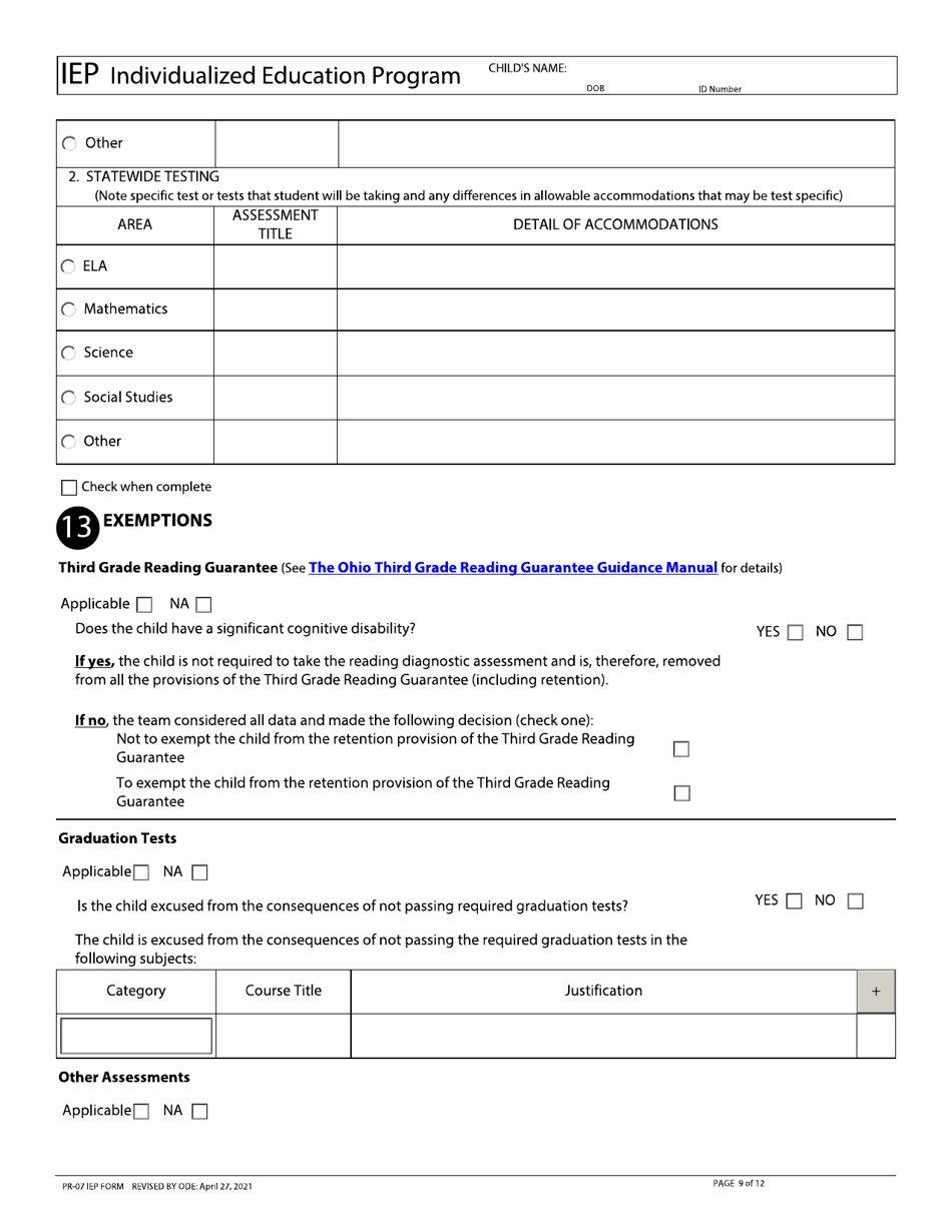 Form PR-07 Individualized Education Program (Iep) - Ohio, Page 9