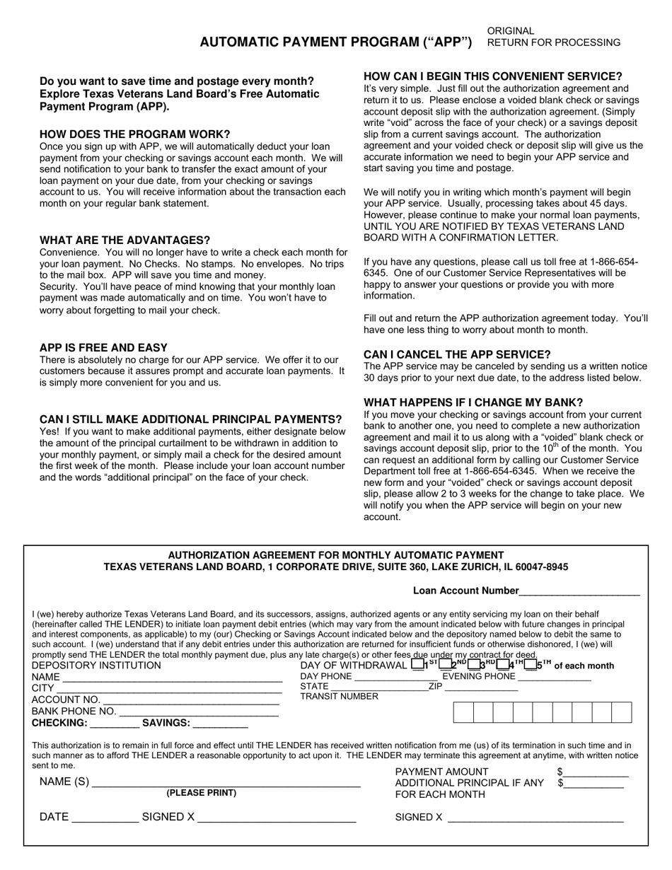 Authorization Agreement for Monthly Automatic Payment - Texas, Page 1