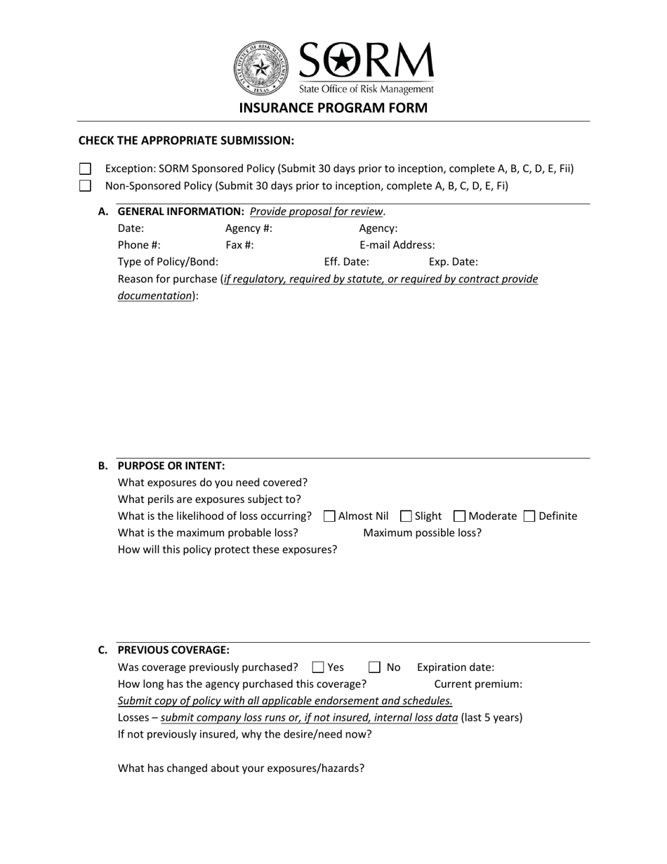 Form SORM-201 Insurance Program Form - Texas, Page 1