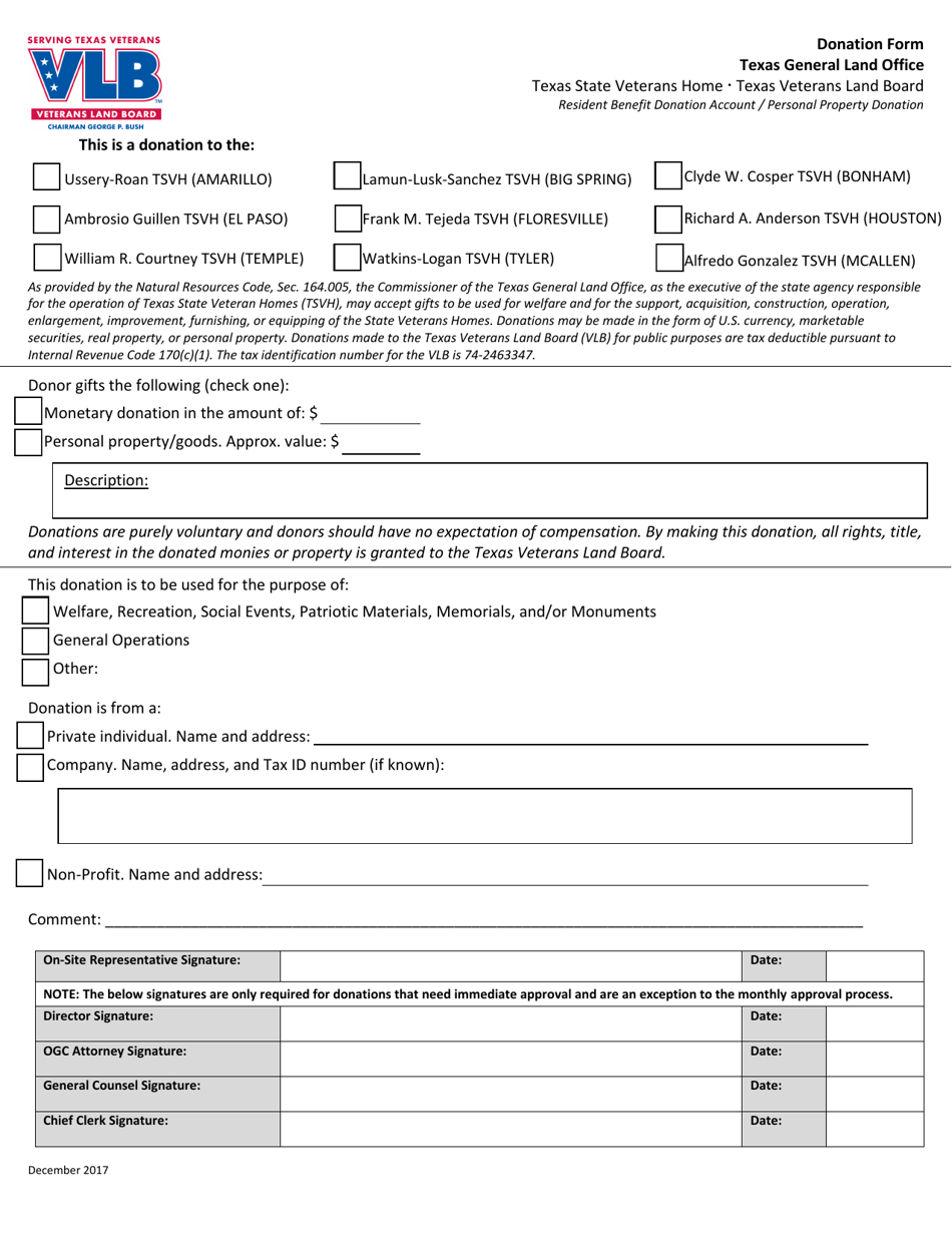 Texas State Veterans Homes Donation Form - Texas, Page 1