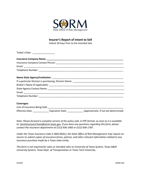 Form SORM-202 Insurer's Report of Intent to Sell - Texas