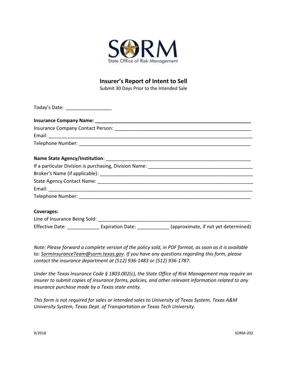 Form SORM-202 Insurers Report of Intent to Sell - Texas, Page 1