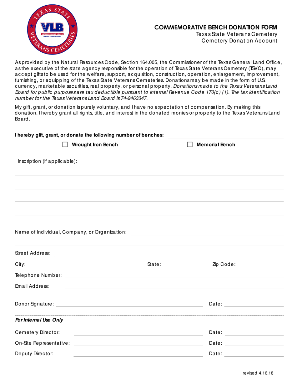 Commemorative Bench Donation Form - Texas, Page 1