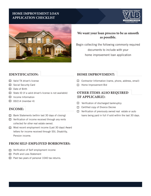 Home Improvement Loan Application Checklis - Texas Download Pdf