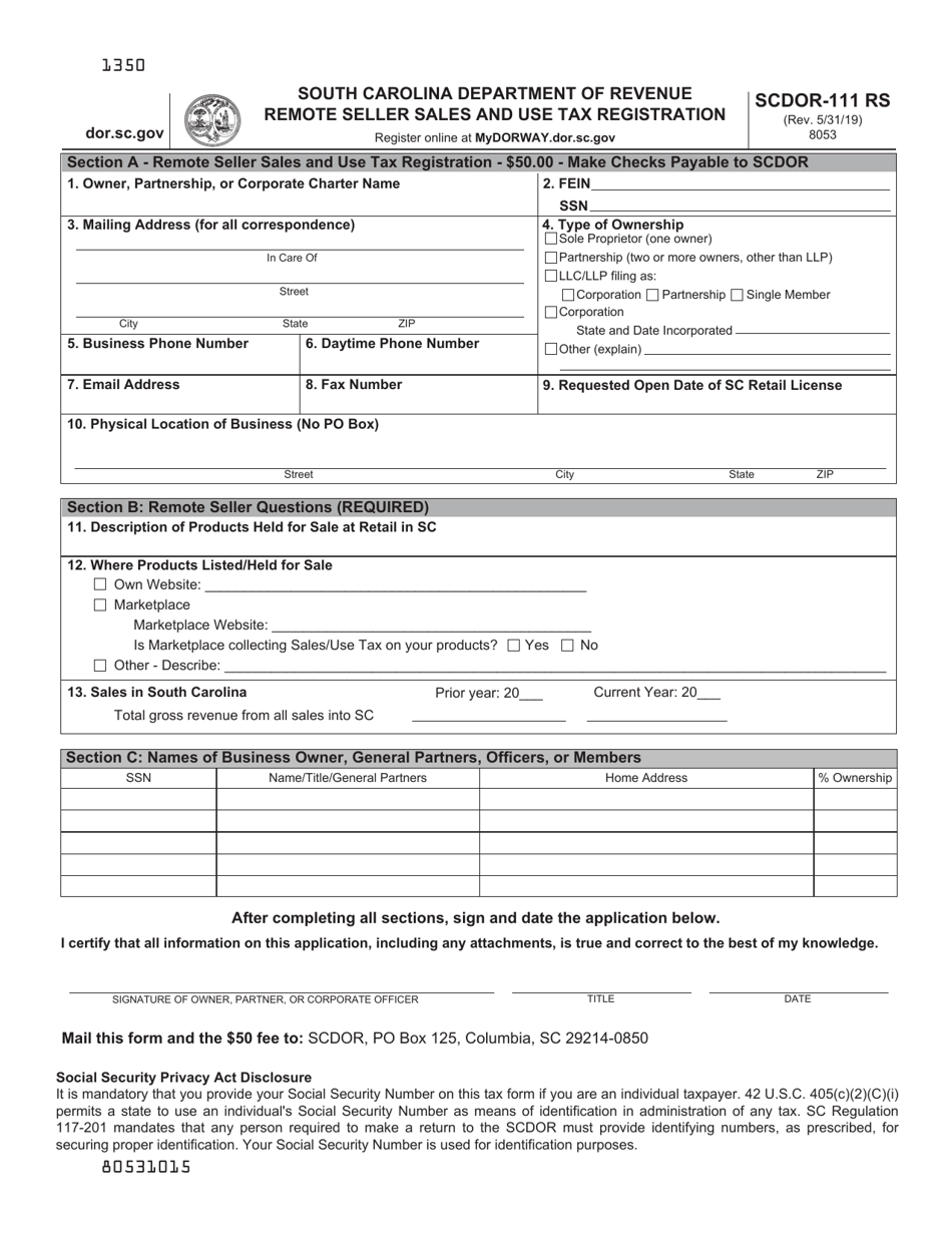 Form SCDOR-111 RS Remote Seller Sales and Use Tax Registration - South Carolina, Page 1