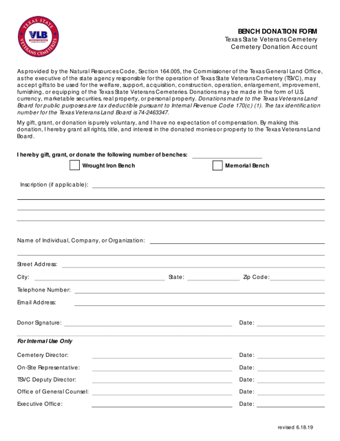Bench Donation Form - Texas Download Pdf