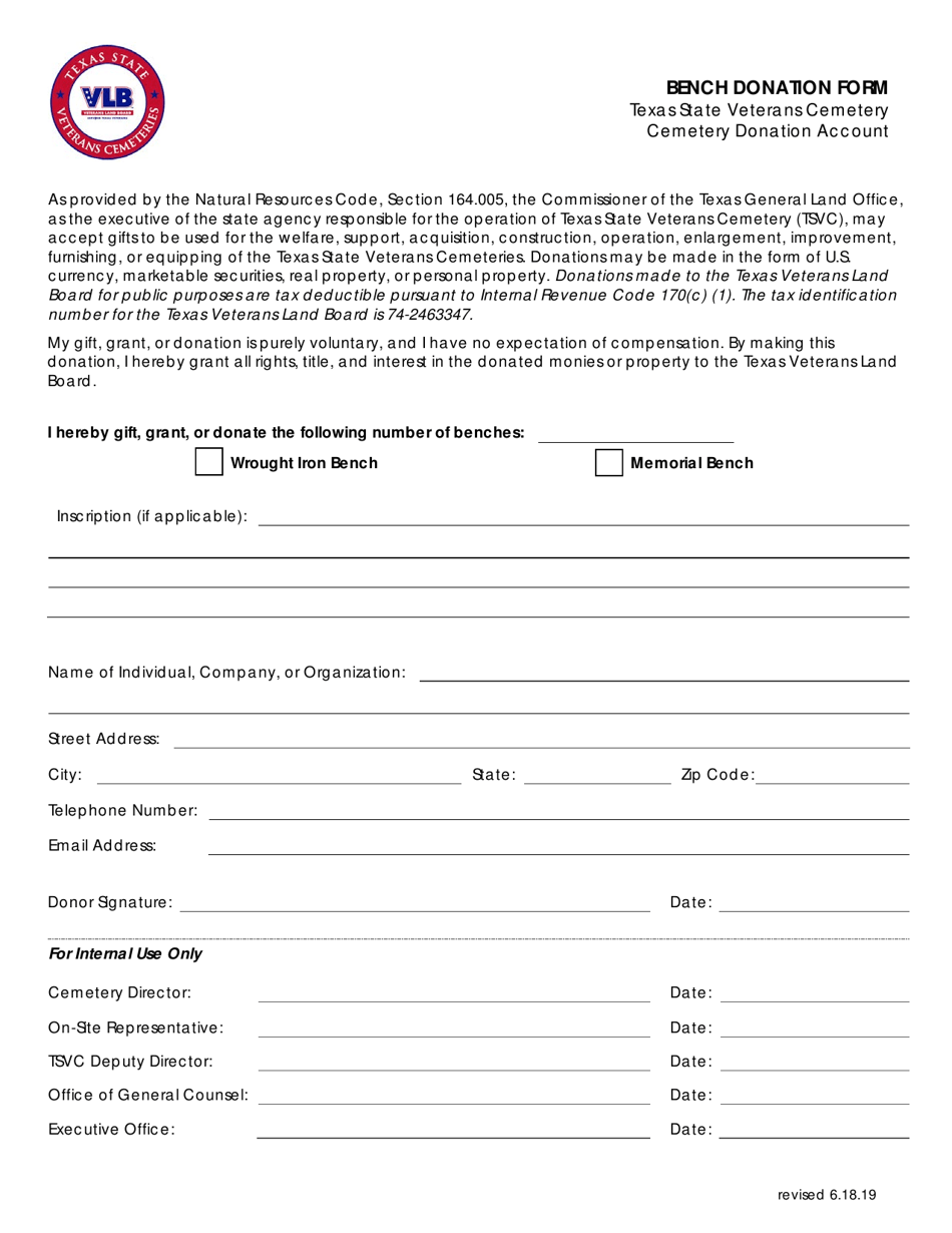 Bench Donation Form - Texas, Page 1