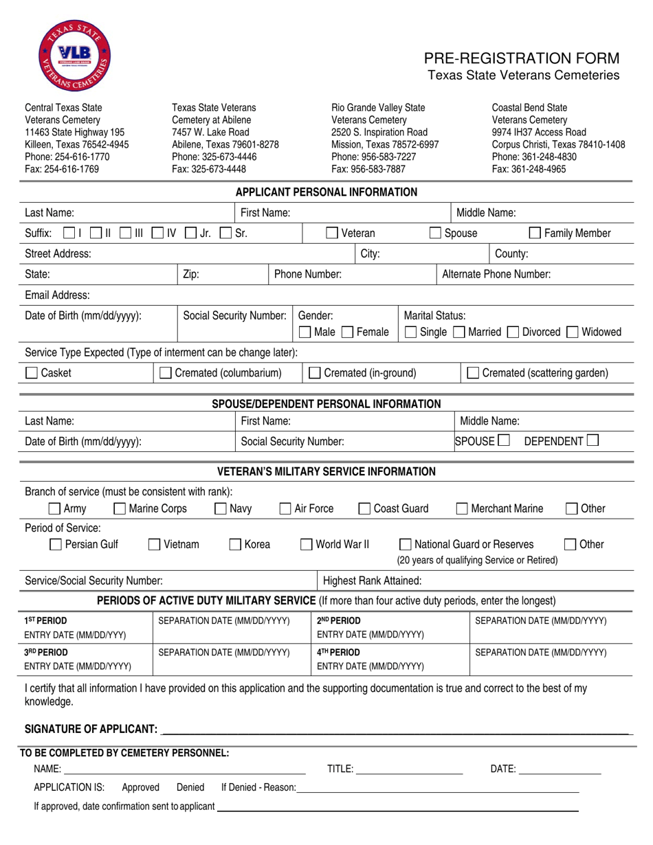 Pre-registration Form - Texas, Page 1