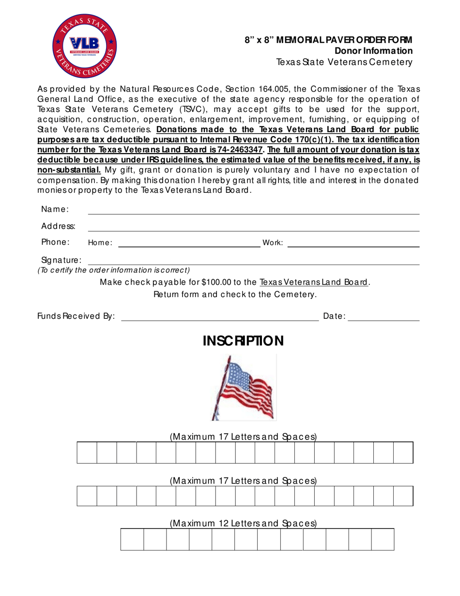 8 X 8 Memorial Paver Order Form - Texas, Page 1
