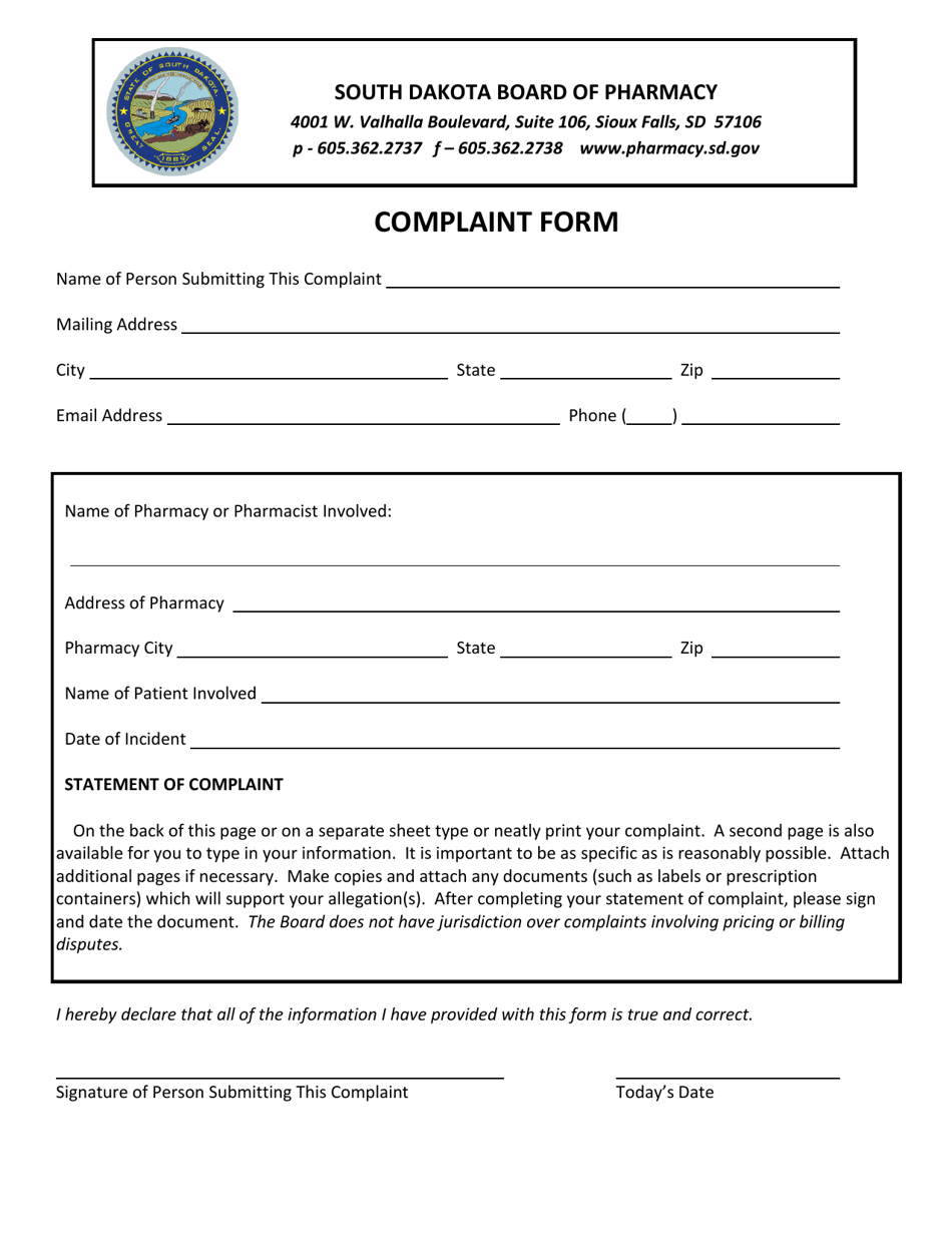 South Dakota South Dakota Board of Pharmacy Complaint Form Fill Out