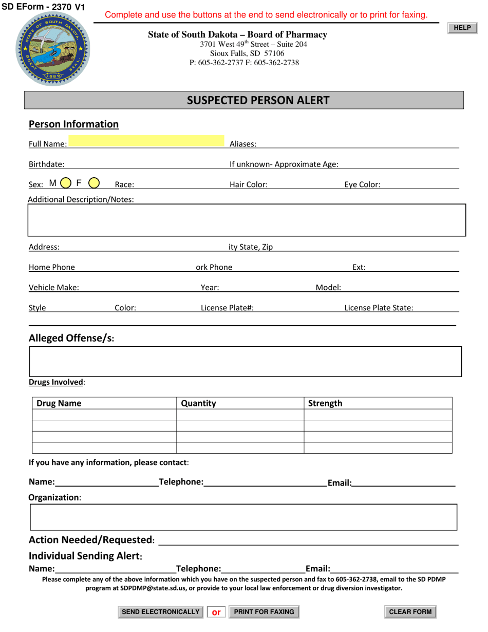 SD Form 2370 Suspected Person Alert - South Dakota, Page 1
