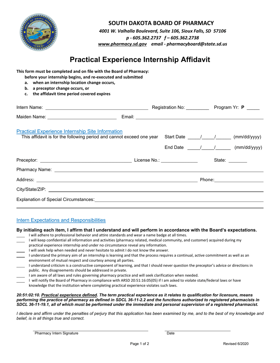 Practical Experience Internship Affidavit - South Dakota, Page 1