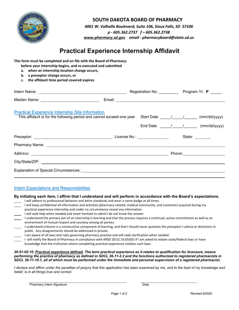 Practical Experience Internship Affidavit - South Dakota Download Pdf