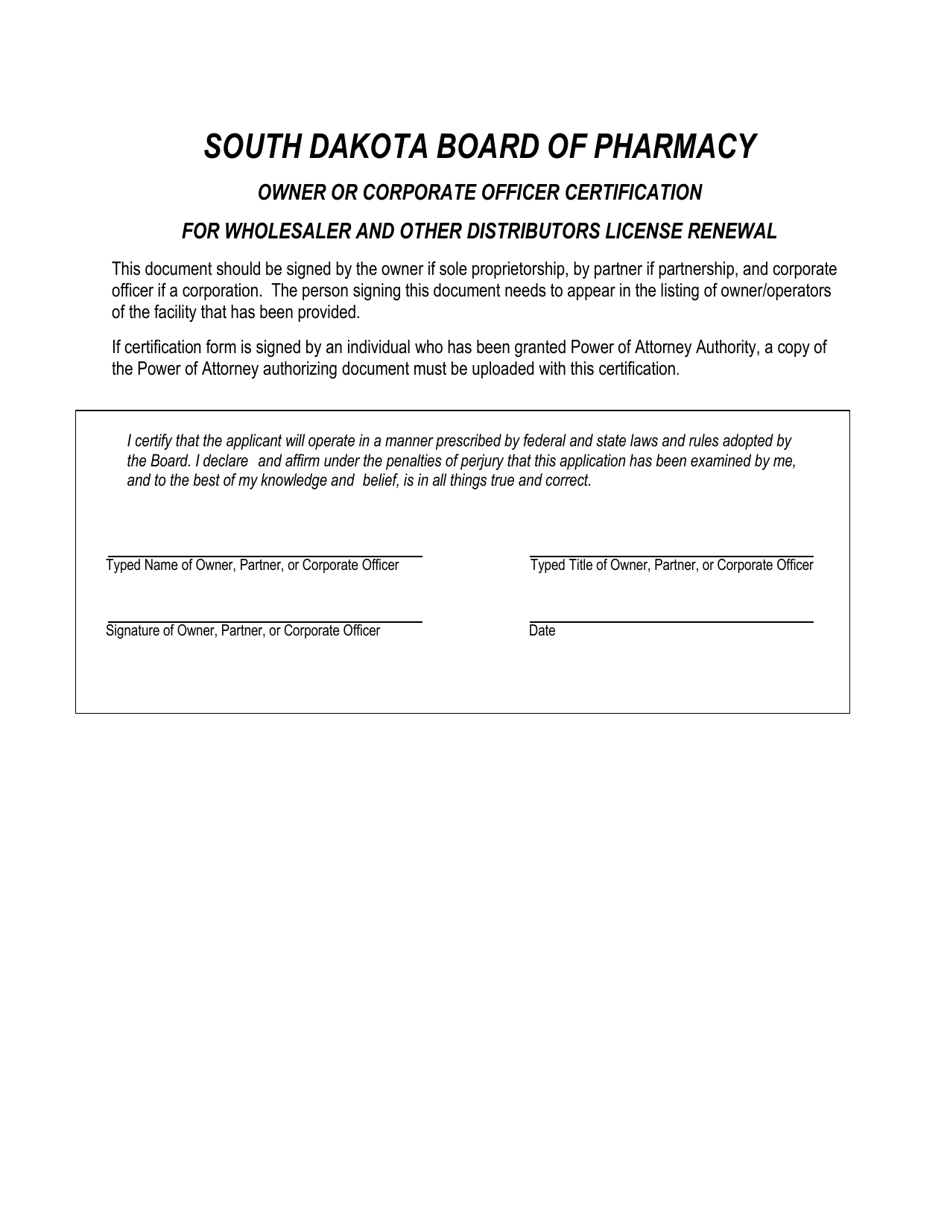 Owner or Corporate Officer Certification for Wholesaler and Other Distributors License Renewal - South Dakota, Page 1