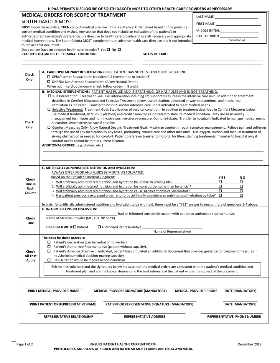 Medical Orders for Scope of Treatment - South Dakota, Page 1