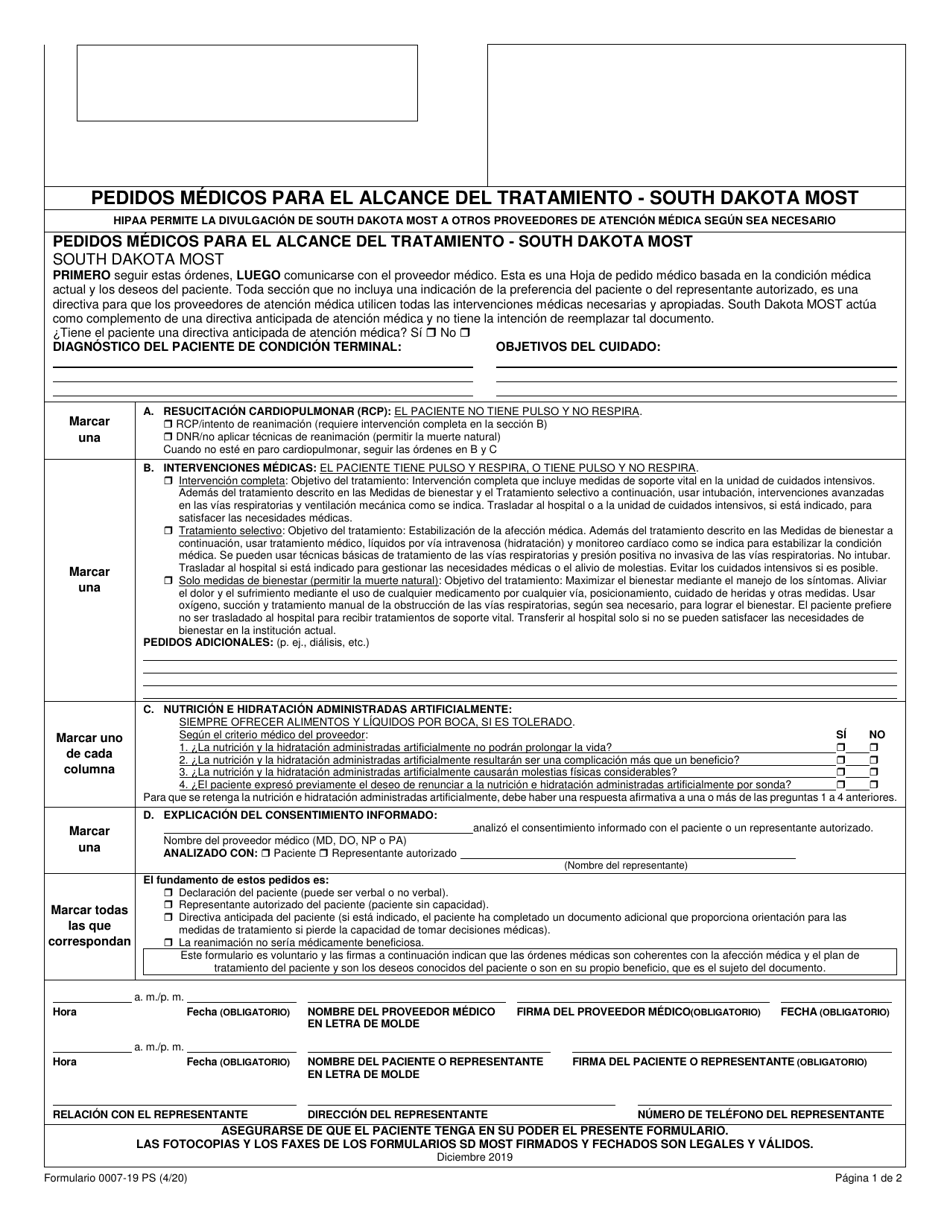 Formulario 0007-19 PS Pedidos Medicos Para El Alcance Del Tratamiento - South Dakota (Spanish), Page 1
