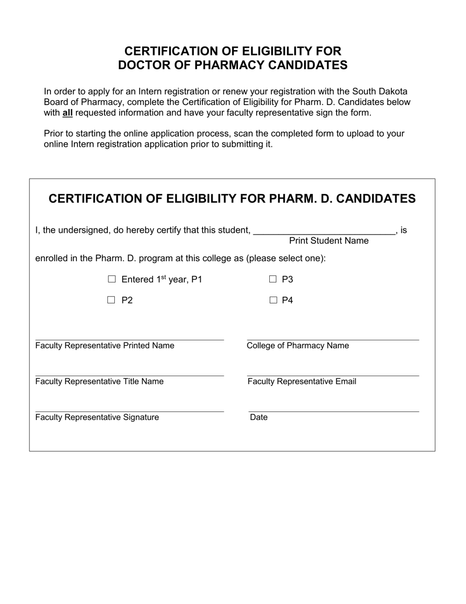 Certification of Eligibility for Doctor of Pharmacy Candidates - South Dakota, Page 1
