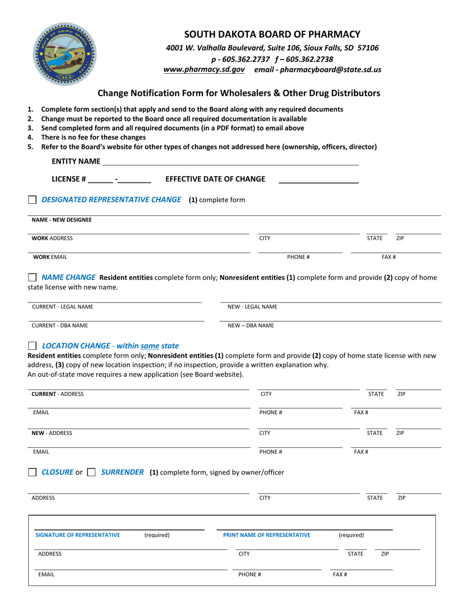 South Dakota Change Notification Form for Wholesalers & Other Drug ...