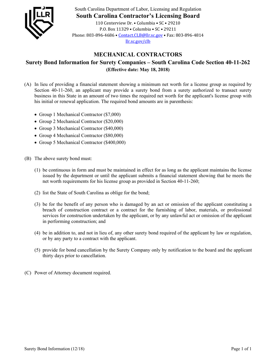 South Carolina Surety Bond for Mechanical Contractors Download Fillable