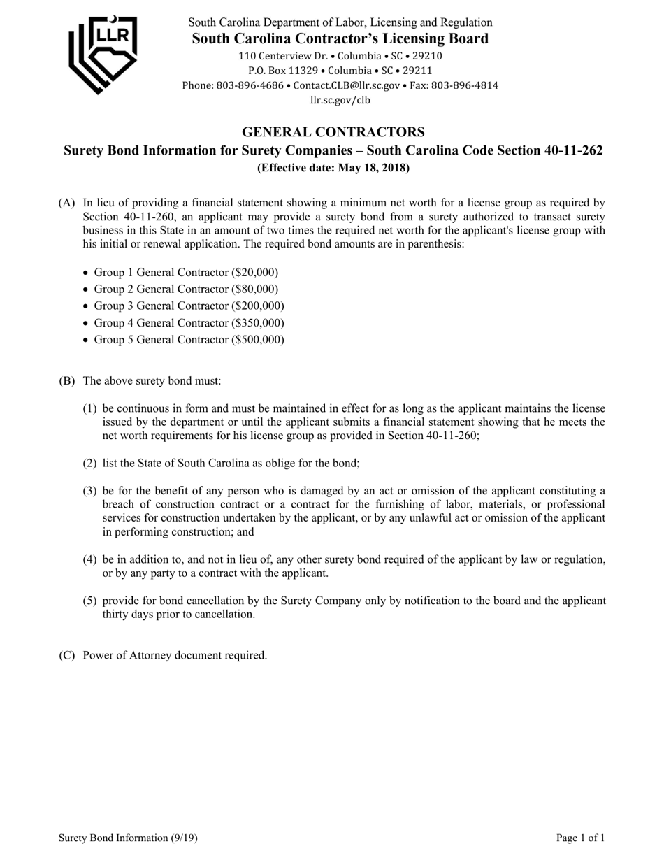 South Carolina Surety Bond for General Contractors Download Fillable
