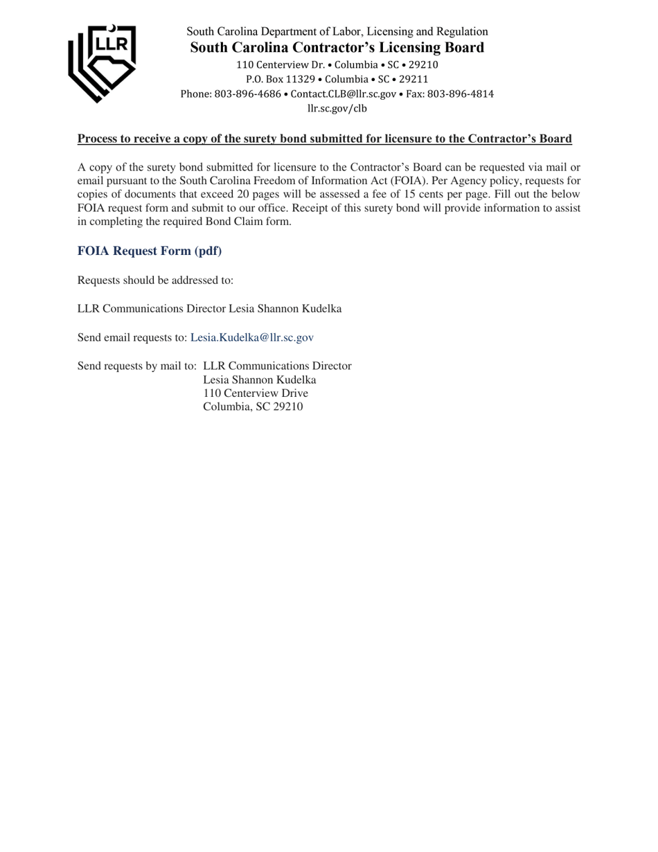 Surety Bond Claim Form - Contractors Licensing Board - South Carolina, Page 1