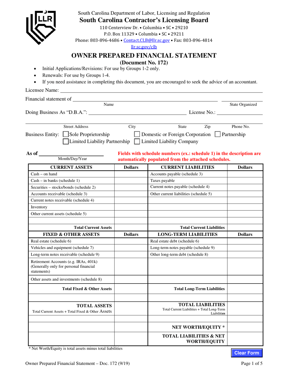 Form 172 Owner Prepared Financial Statement - South Carolina, Page 1