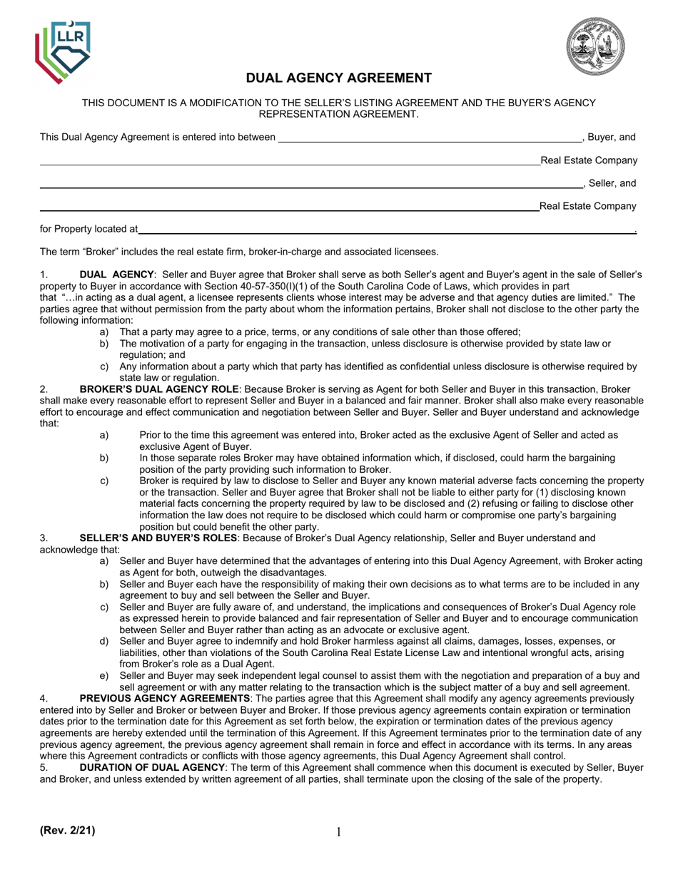 Dual Agency Agreement - South Carolina, Page 1