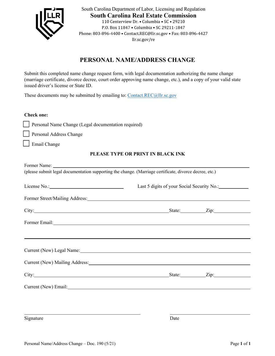 Form 190 Personal Name / Address Change - South Carolina, Page 1