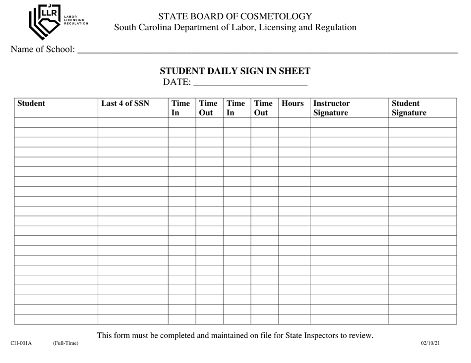 Form CH-001A Student Daily Sign in Sheet (Full-Time) - South Carolina, Page 1