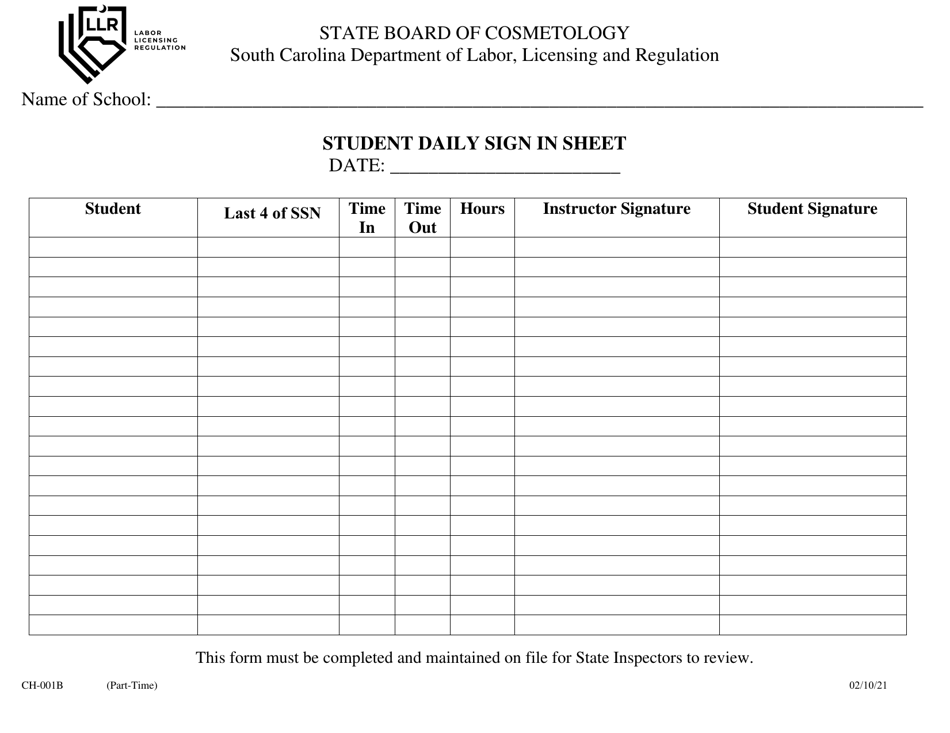 Form CH-001B Student Daily Sign in Sheet (Part-Time) - South Carolina, Page 1