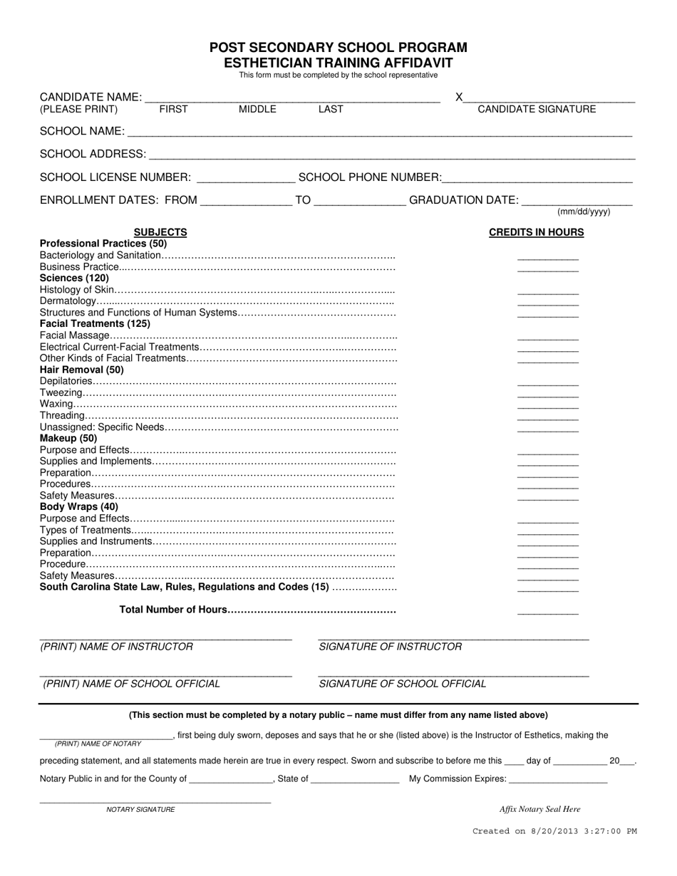 Post Secondary School Program Esthetician Training Affidavit - South Carolina, Page 1